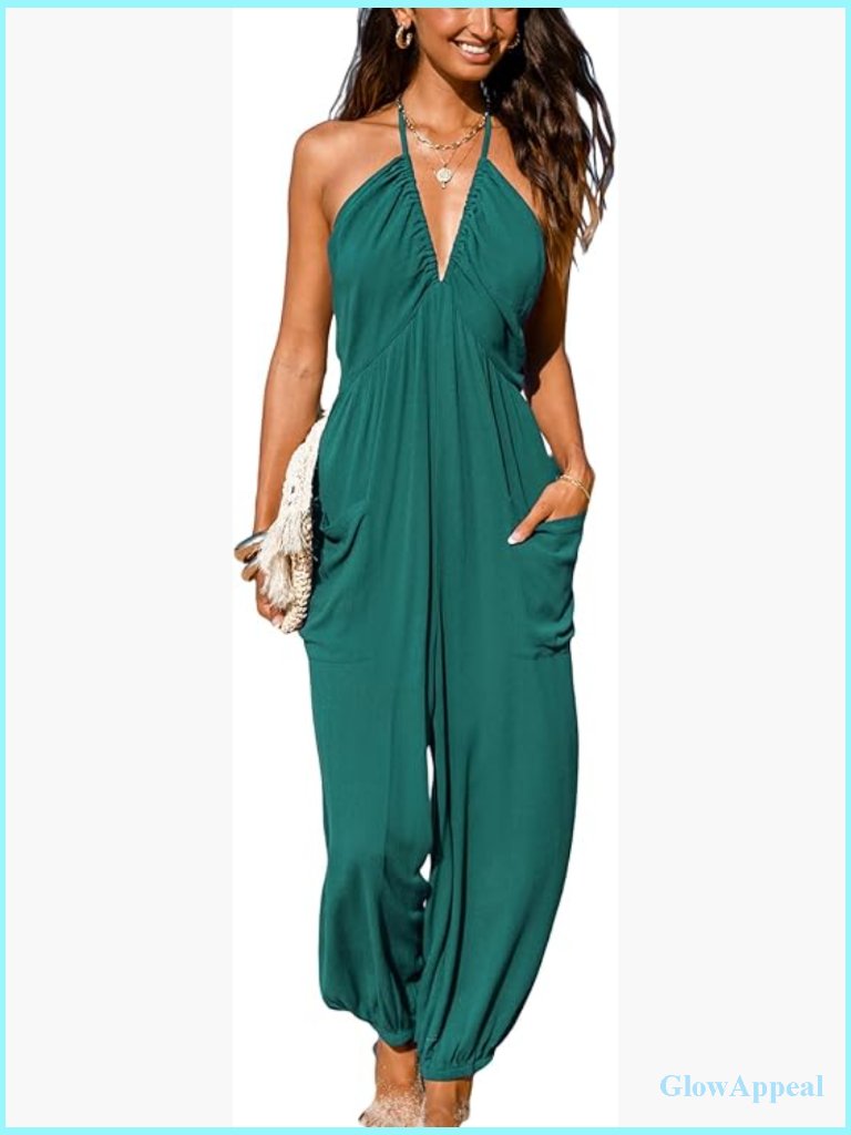Plunge Halter Jumpsuit With Pockets, 100% Rayon, Jogger Style, Xs-Xl